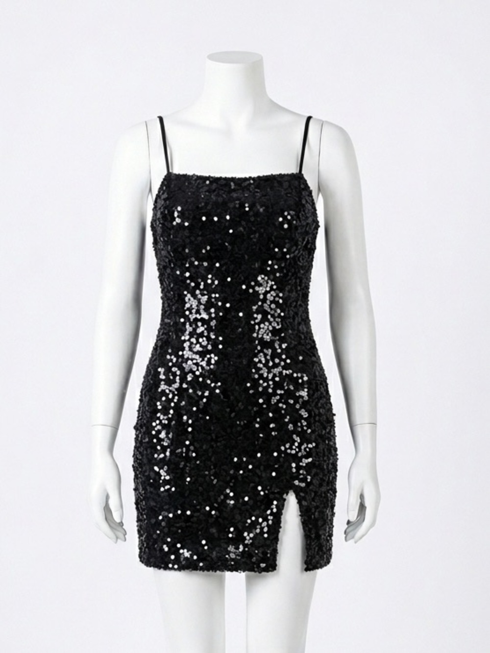 Wild Fable Black Sequin Mini Dress Spaghetti Strap Thigh Slit Y2K Party Sz L NWT